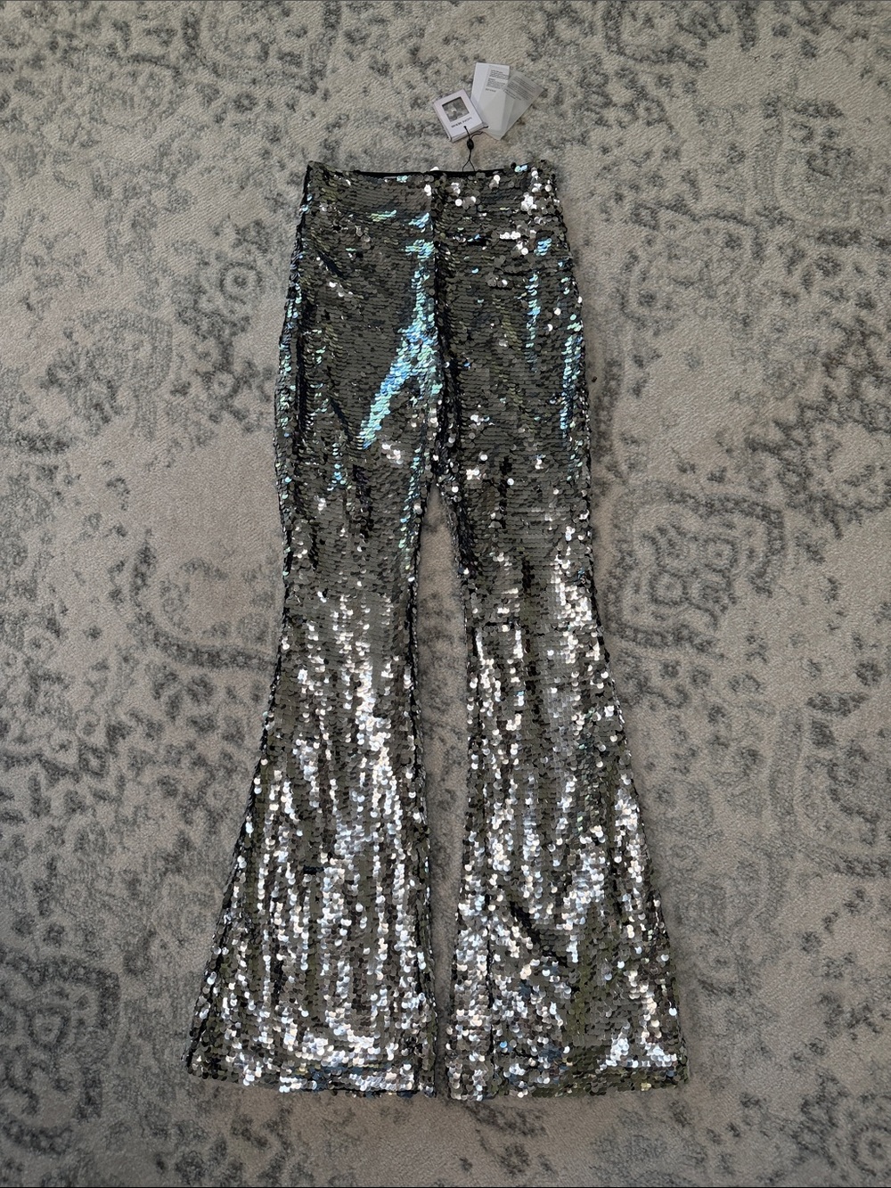 NWT NADINE MERABI Silver Sequin Flare women’s Pants SIZE 6